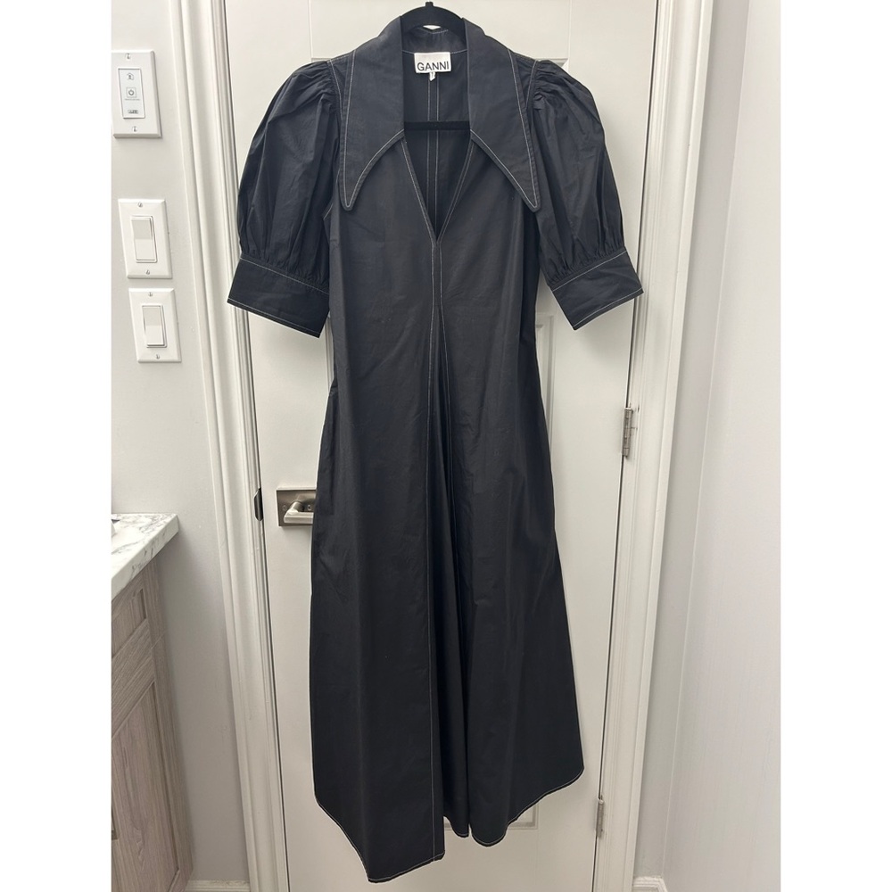Ganni Poplin V-Neck Midi Dress